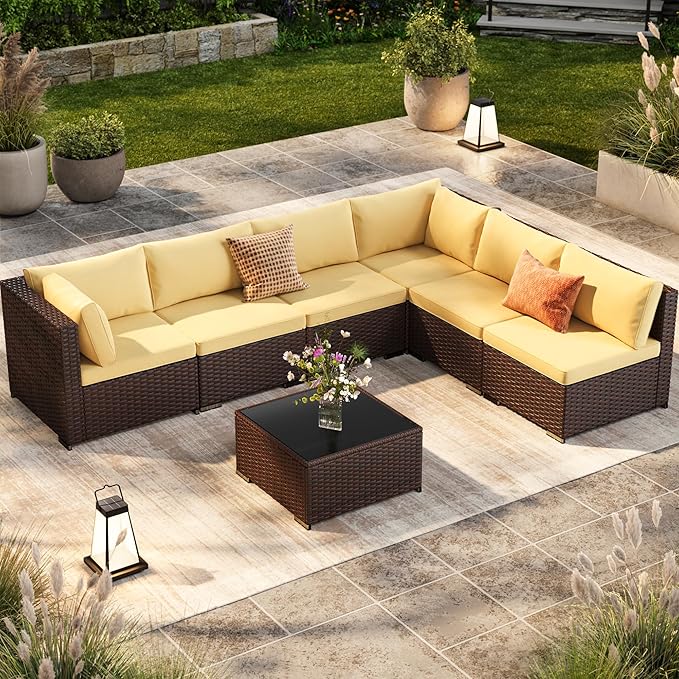 Ahomly 7-Piece Patio Furniture Set, Outdoor Sectional Couch with Water-Resistant Cushions & Coffee Table, PE Rattan Outdoor Patio Sofa Set for Backyard, Deck, Garden, or Porch, Beige