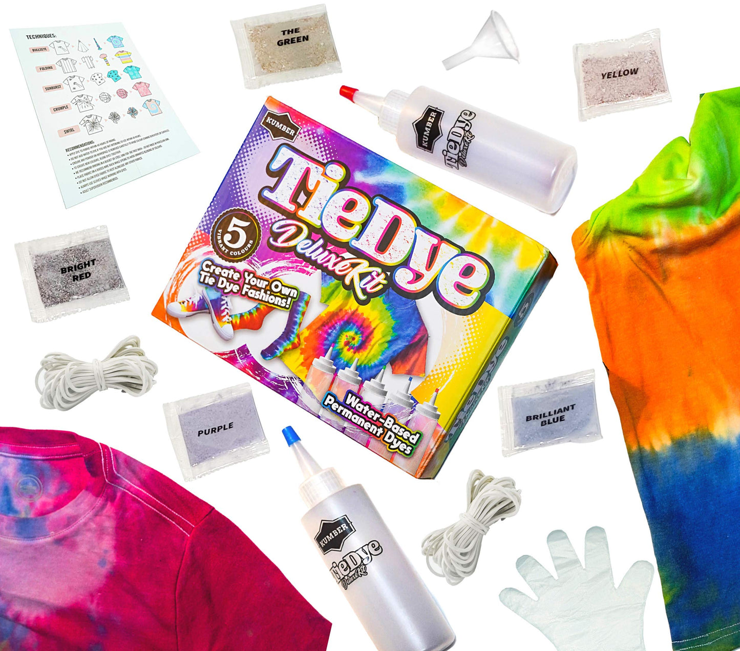 KUMBER Tie Dye Kit Kids - 5 Colours with Extra Dye Powder, Rubber Bands, Gloves and Funnel - Art and Craft Set for Dyeing Clothes, Creative Games & Activities - Suitable for Kids and Adults