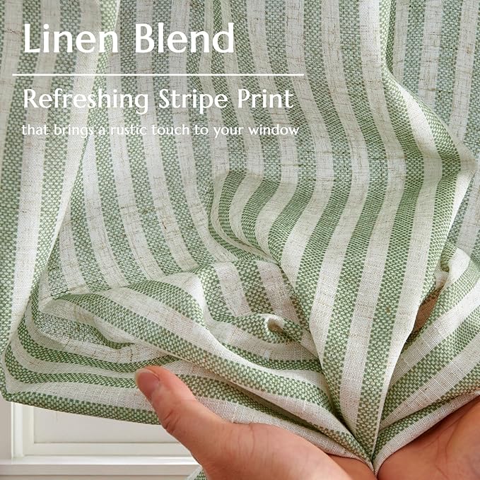 jinchan Linen Kitchen Curtains 36 Inch Length Striped Tier Curtains Ticking Stripe Small Drapes for Living Room Bathroom Cafe Small Window Farmhouse Rustic Pinstripe Rod Pocket 2 Panels Sage Green
