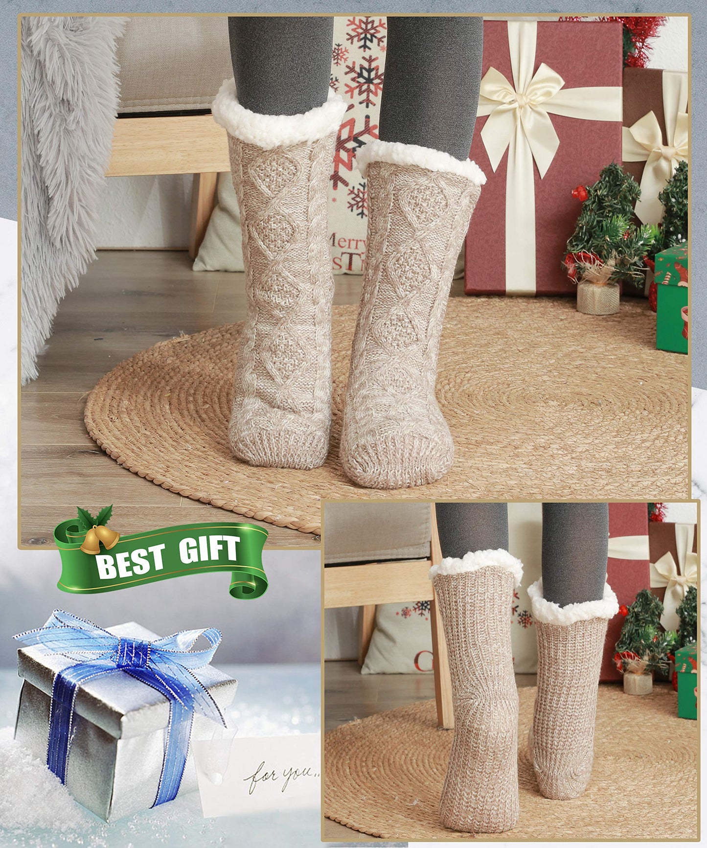 EBMORE Women Slipper Fuzzy Socks Fluffy Cozy Cabin Warm Winter Soft Thick Comfy Fleece Christmas Anti Slip Home Stocking Stuffer(Light Khaki)