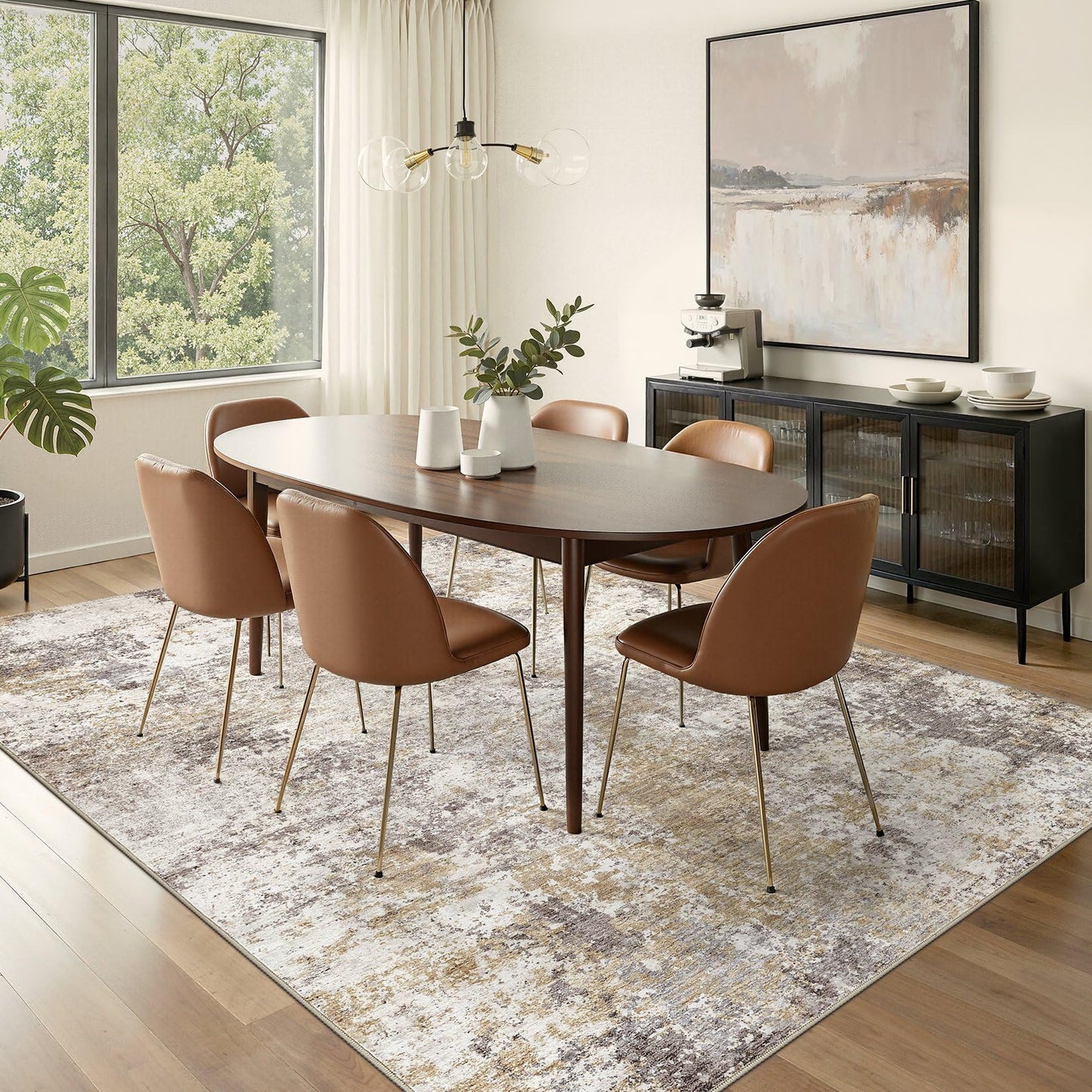Nakagishi 10X14 Area Rugs for Living Room: Washable Modern Abstract Rug with Non-Slip Silicone Backing Low Pile Soft Carpet for Bedroom & Dining Decor Ideal for Families with Kids and Pets-Brown