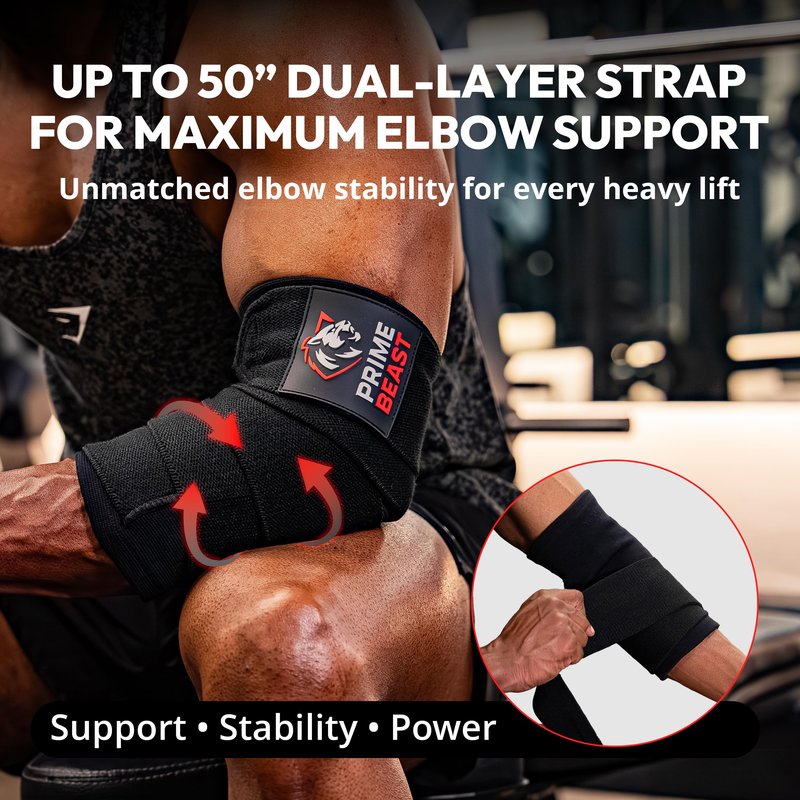 Prime Beast Hybrid Elbow Wraps for Weightlifting, Compression Sleeve and Adjustable Wrap Support for Bench Press, Powerlifting, and Gym Training (1 Pair) (Black, Medium)