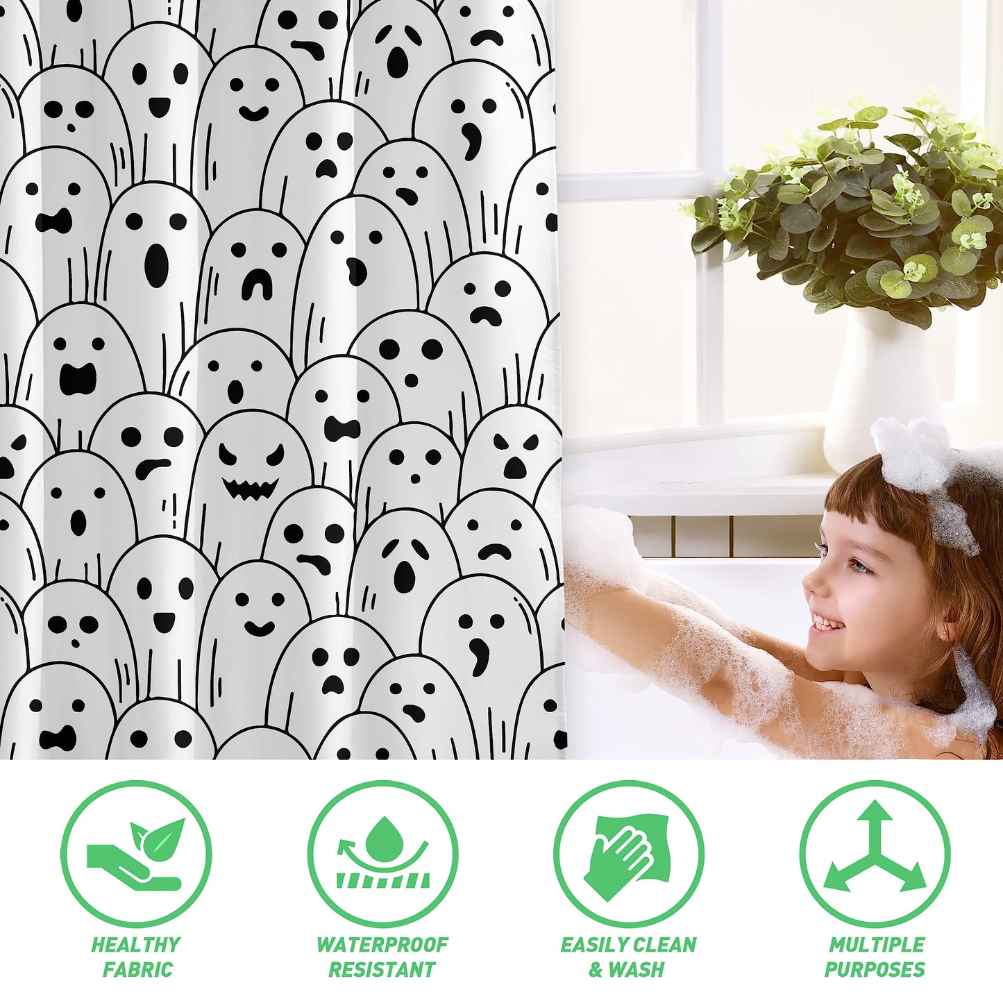 Spooky Ghost Shower Curtain, Waterproof Fabric with Hooks - 72x72 Inch, Perfect for Halloween Bathroom Decor