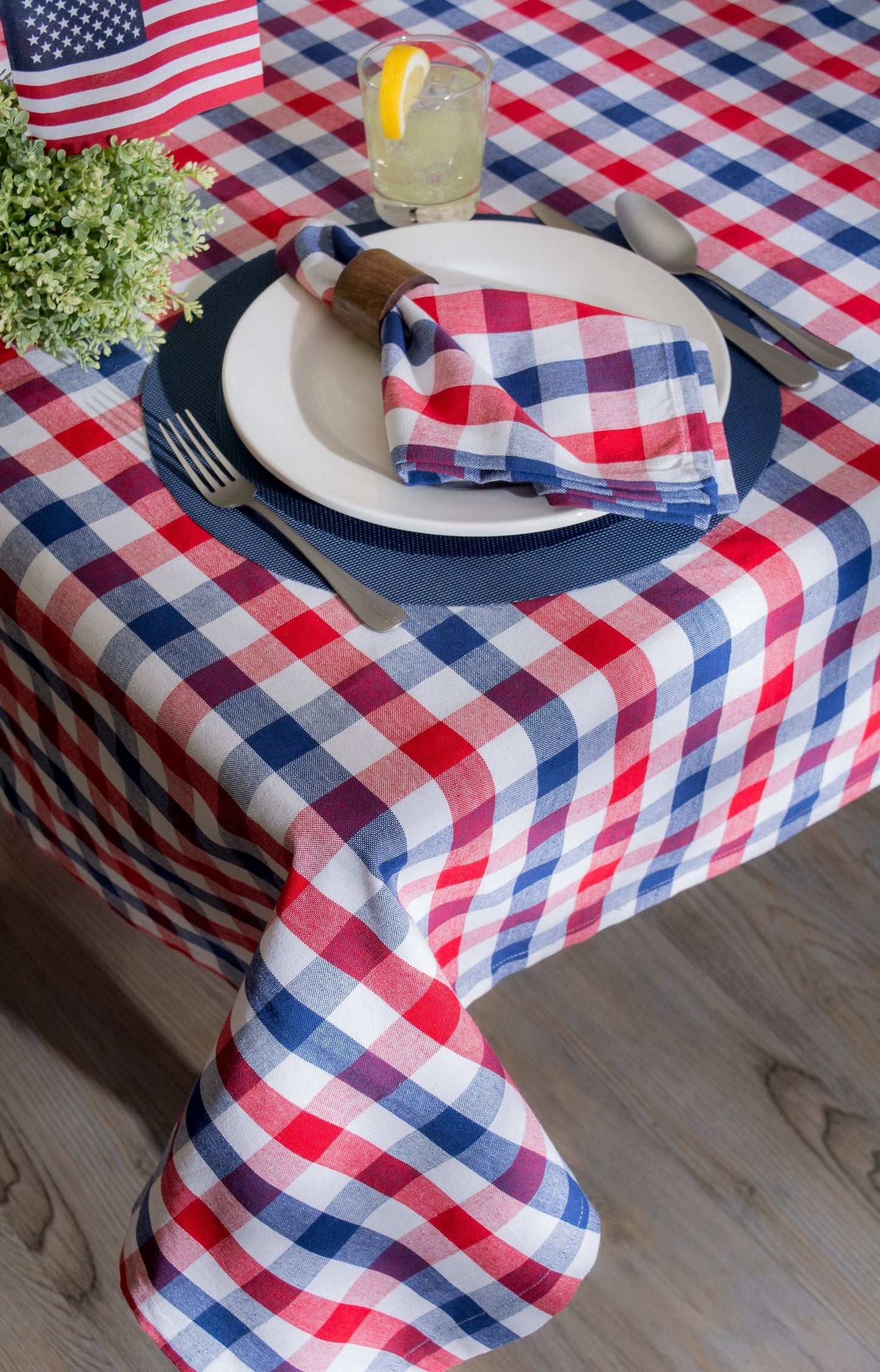 DII 100% Cotton, Machine Washable, Dinner, Summer & Picnic Tablecloth, 60 x 84, Red, White and Blue Check, Seats 6 to 8 People