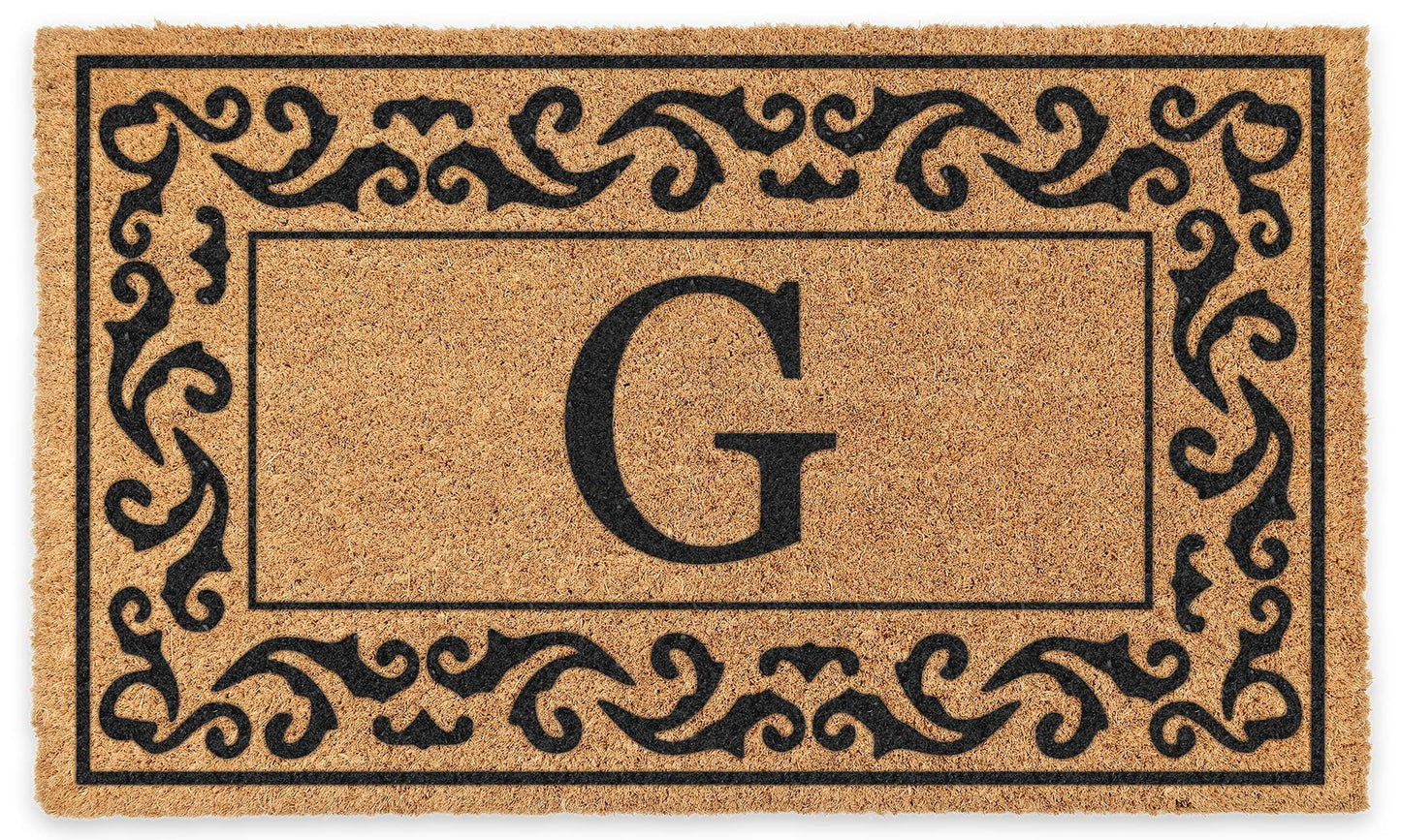 COCO MATS 'N MORE Personalized Coco Coir Front Door Mat – Monogrammed Welcome Porch Mat for Home Entrance, Heavy-Duty Vinyl Backing Non Slip Mat (16" X 24" | Black | Rolling Scrolls | Made in USA)