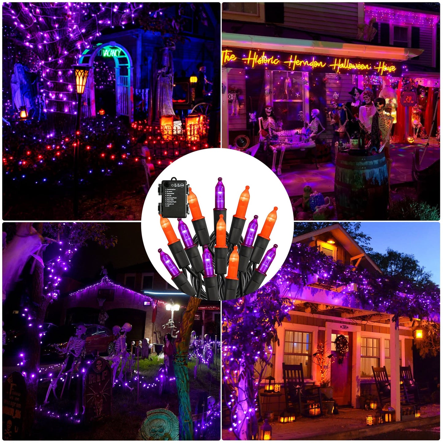 TW SHINE Battery Operated Halloween Lights, 2 Pack Total 100 LED 32 FT Orange and Purple Lights Outdoor, Waterproof Mini String Light with 8 Modes, Halloween Decorations for Indoor Patio Party Decor