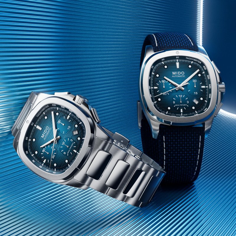 MIDO Multifort TV Chronograph - Swiss Automatic Watch for Men - Blue Dial- 41.2 x 42mm Stainless Steel Case and Bracelet with Additional Blue Fabric Strap - M0495271104100