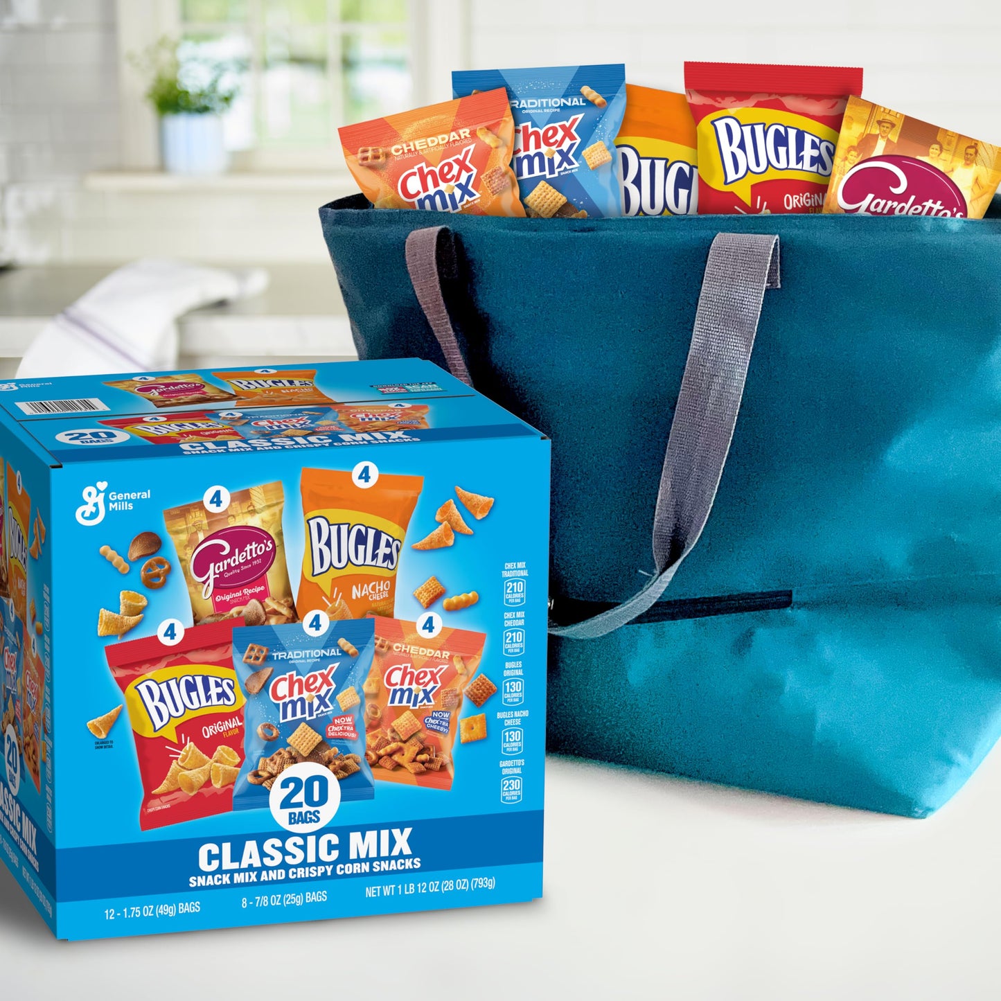 Classic Mix Snack Variety Pack, Bugles Original and Nacho Cheese, Gardetto's Original Recipe, Chex Mix Traditional and Cheddar, 20 Ct, 28 oz