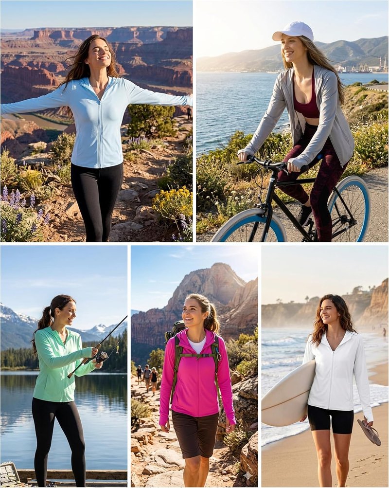 UPF 50+ Sun Protection Rash Guard | Women's Lightweight UV SPF Zip Hoodie Jacket for Hiking