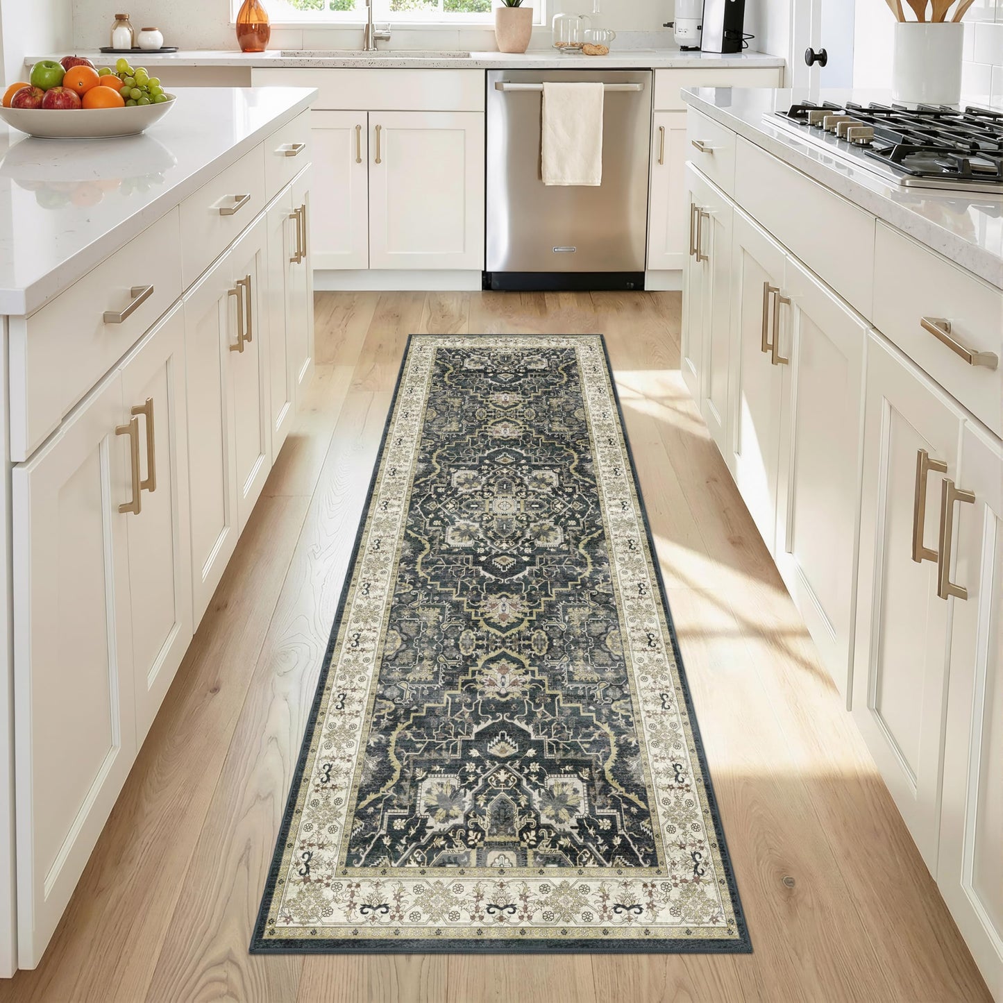 EiniHliw 2x6 Washable Kitchen Runner Rug, Non Slip Vintage Runner Rugs for Hallway, Ultra-Thin Low Pile Distressed Kitchen Rugs Non Skid, Machine Washable Laundry Entryway Indoor Carpet,Black