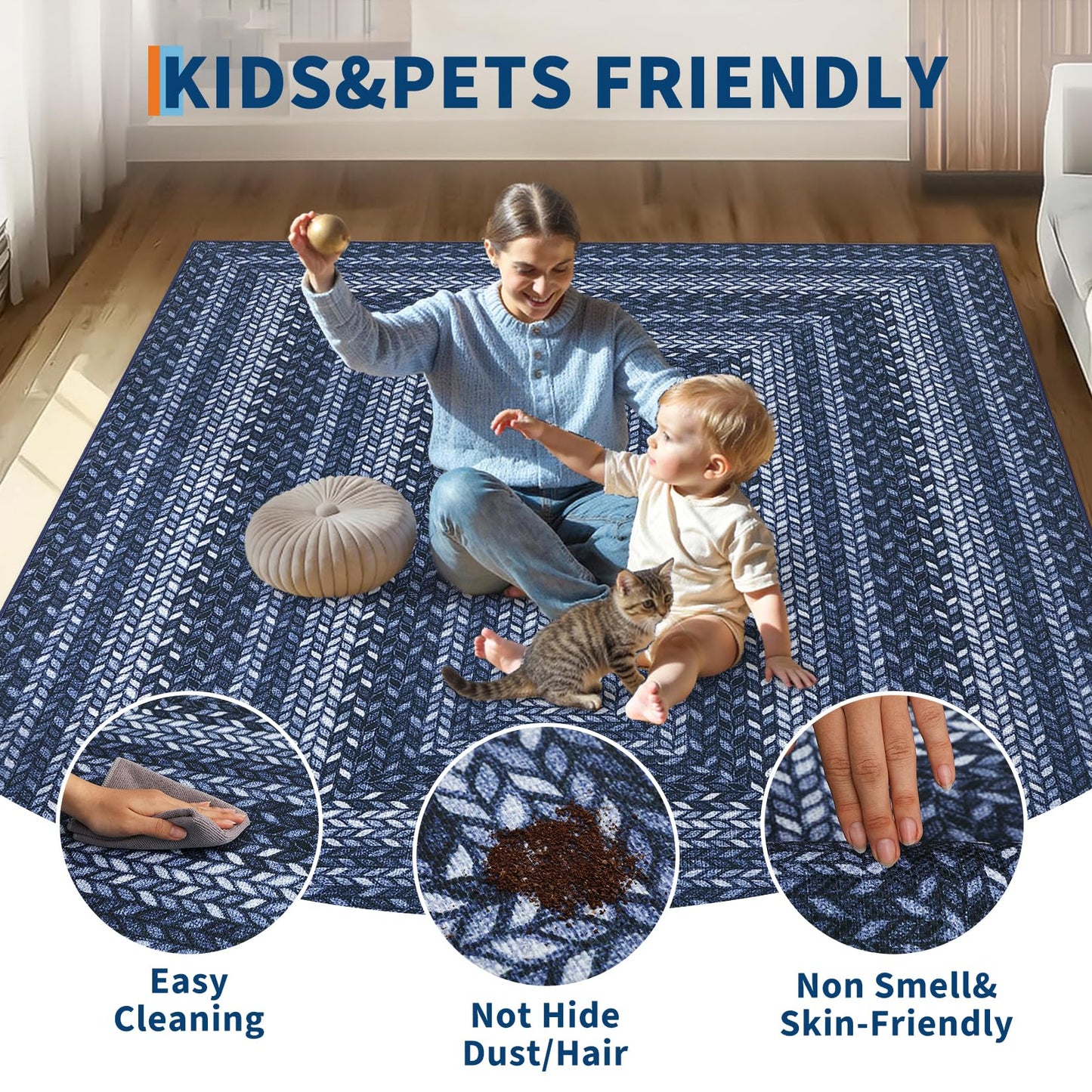 2x3 Small Area Rug Entryway Easy Jute Door Mat Stain Resistant Indoor Outdoor Mats Low Pile Washable Front Door Throw Carpet Modern Bordered Braided Print Rugs for Bedroom Living Room, Slateblue