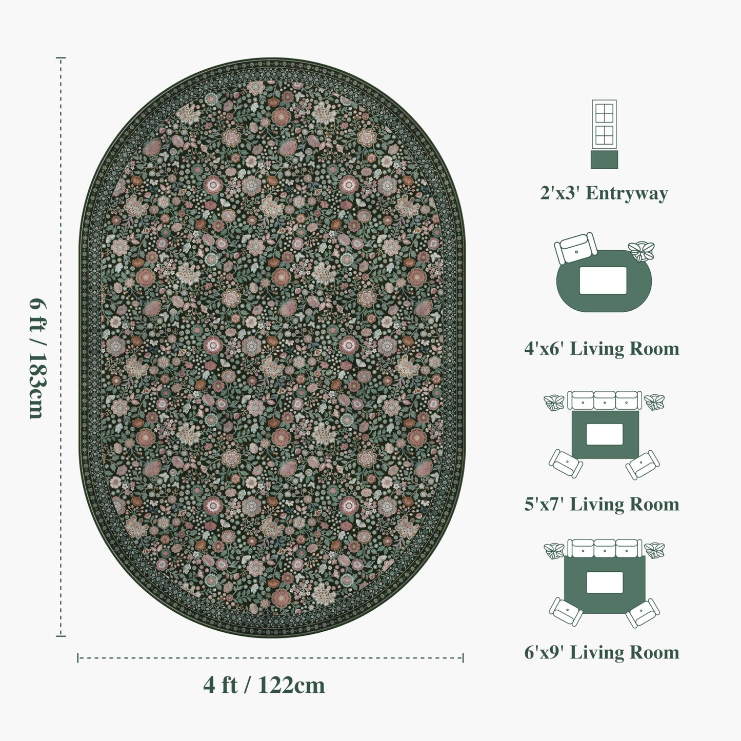 Clemile Floral Oval Rug 4x6 - Washable Ultra-Thin Living Room Rug Non-Slip Carpets - Soft & Stain Resistant Rug for Kitchen Bedroom Dining Room Indoor Nursery Dark Green
