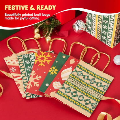 JOYIN 24 PCS Christmas Kraft Bags Holiday Paper Goody Gift Bags with Handles for Xmas Gifts Wrapping Party, Giant Gifts Decorations, Classrooms and Party Favors (Red+Green, 8.27" x 5.91" x 3.15")