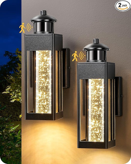 EDISHINE 2 Pack Modern Exterior Lighting Fixtures, LED Outdoor Light Fixtures Wall Mount, with Motion & Photocell Sensor, Crystal Bubble Glass, 3000K, Front Porch Light for House, Garage