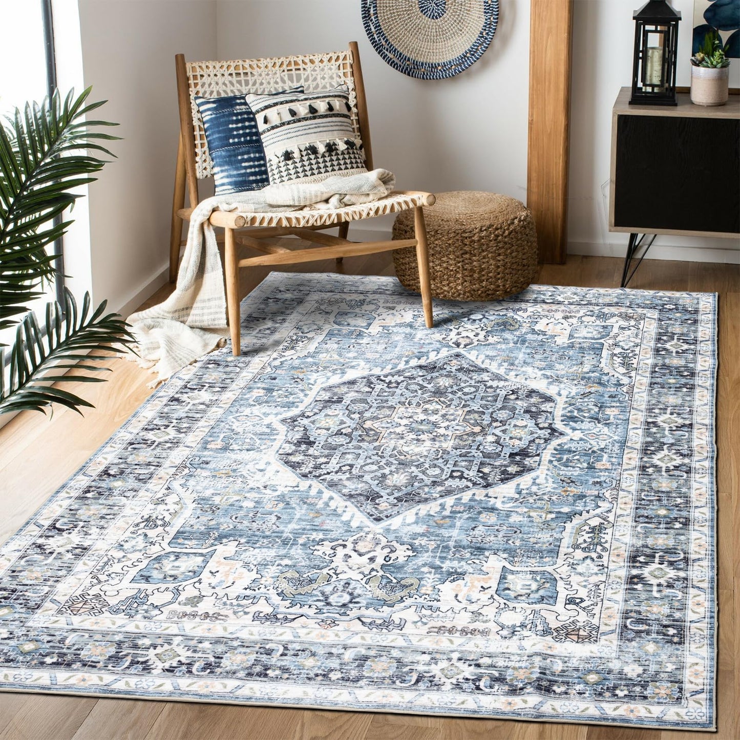 Domitapis Area Rug 5×7, Vintage Boho Rug,Ultra-Soft Low Pile, Washable, Non Slip,Stain Resistant Printed Carpet for Living Room Bedrooms Playroom Office Kitchen, Light Blue