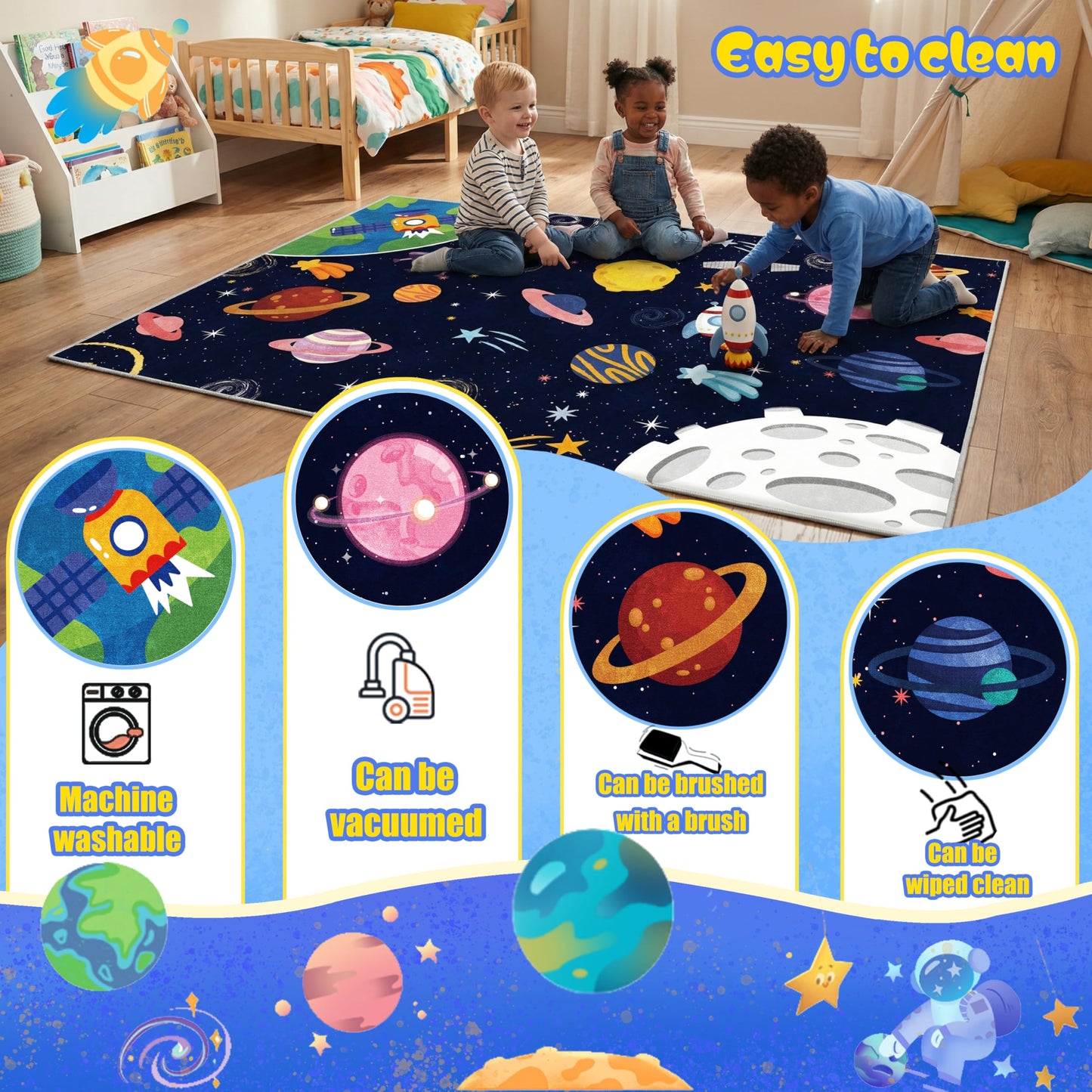 VNUVCOE Space Kids Car Rug Playmat Carpet, 31''x47'' Playroom Planet Rug for Playing Cars Toys, Educational Area Rugs for Bedroom Classroom Toddlers.