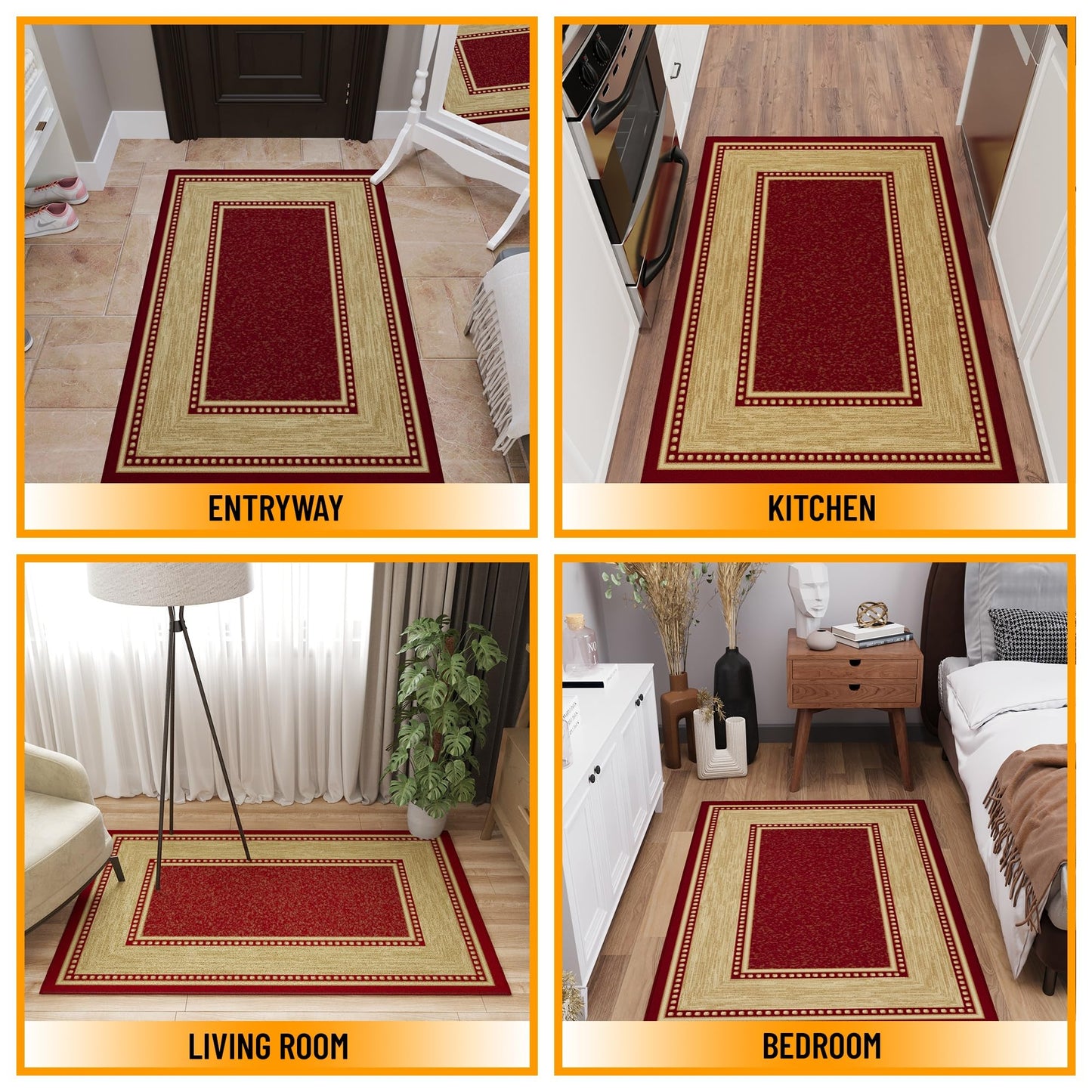 Ottomanson Area Rug 3'3" x 4'7" – Non Slip Rubber Backed Indoor Rug, Low Pile Accent Rug for Living Room, Bedroom, Entryway, Kitchen, Durable Floor Carpet, Border Red