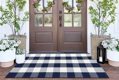 Front Porch Rug 2'X4.3' Blue and White Checkered Outdoor Rug Cotton Woven Washable Halloween Layering Door Mat for Welcome Mat Entryway Bedroom Living Room