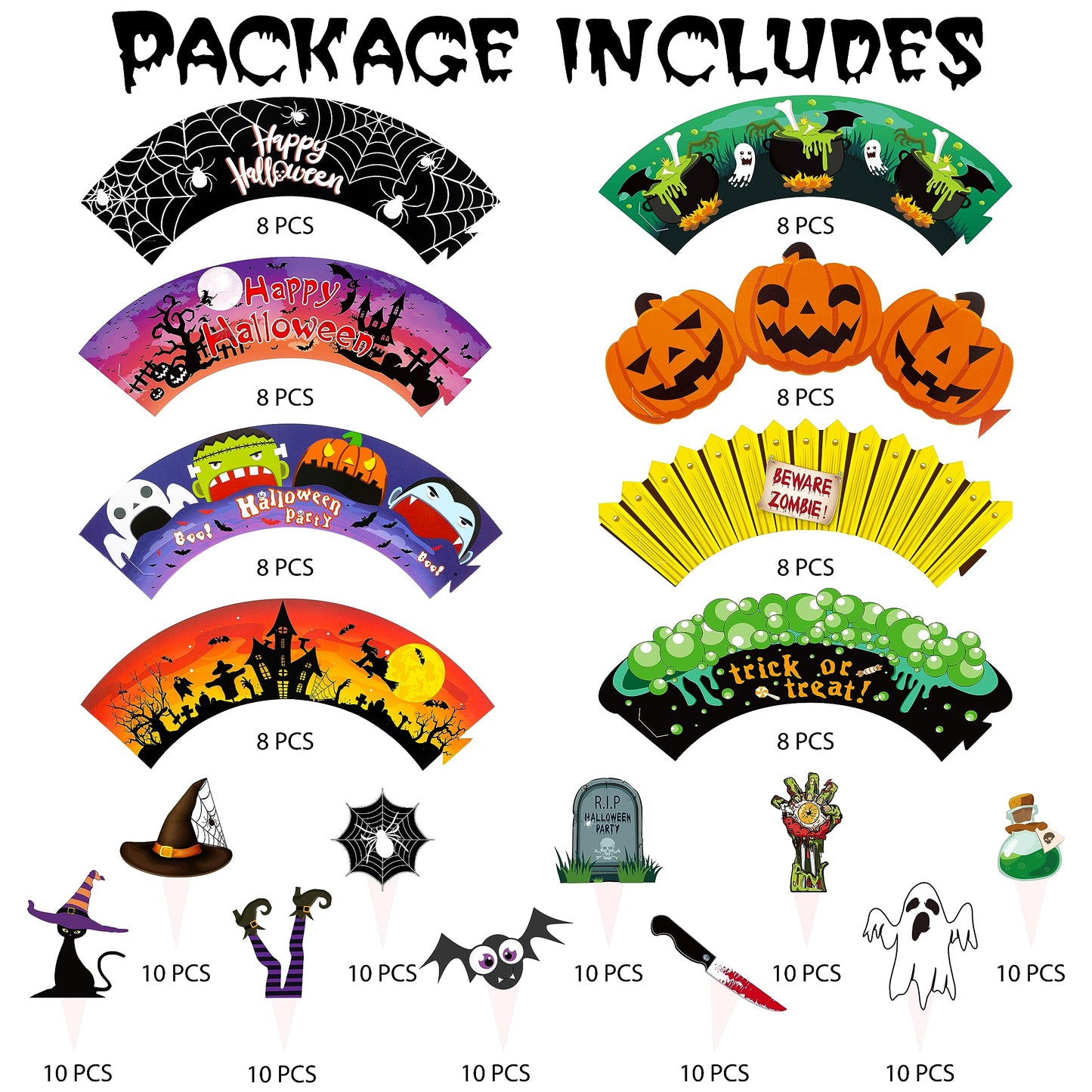 164PCS Halloween Cupcake Toppers Wrappers - Spider Web Pumpkin Zombie Hand Cake Party Decorations Supplies