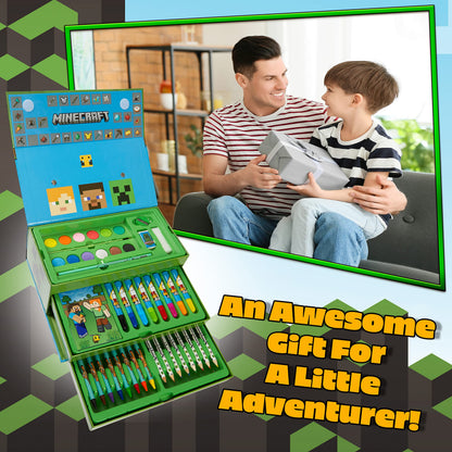 Minecraft Art Supplies Set with Colouring Pencils Felt Tip Pens Watercolour Paints Wax Crayons for Drawing Painting Set Creeper Travel Art Set Gamer Gifts