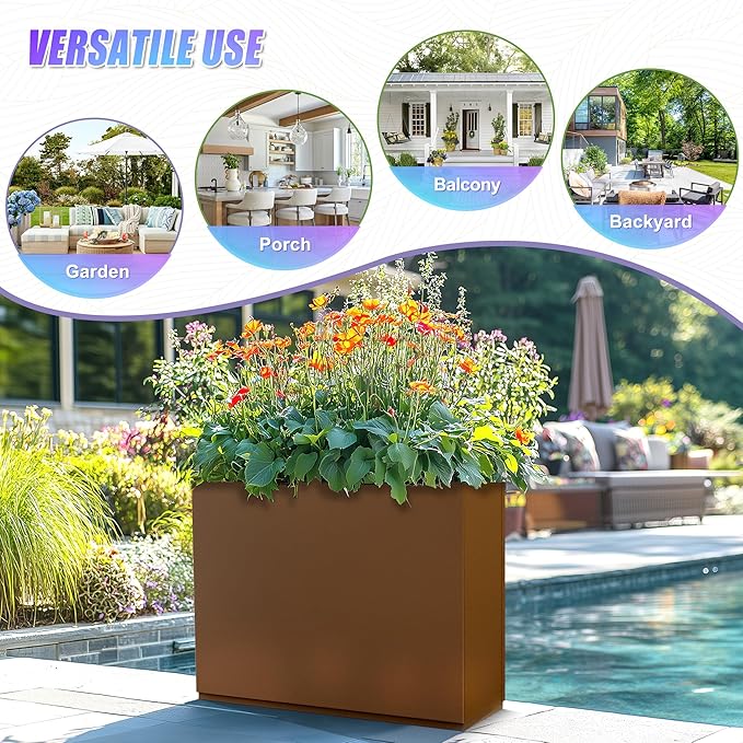 Metal Planter Boxes Outdoor Rectangular Planter 35" L x 9" W x 26" H, Large Planters for Plants with Drainage Holes, Brwon Rectangle Planters for All-Weather Use