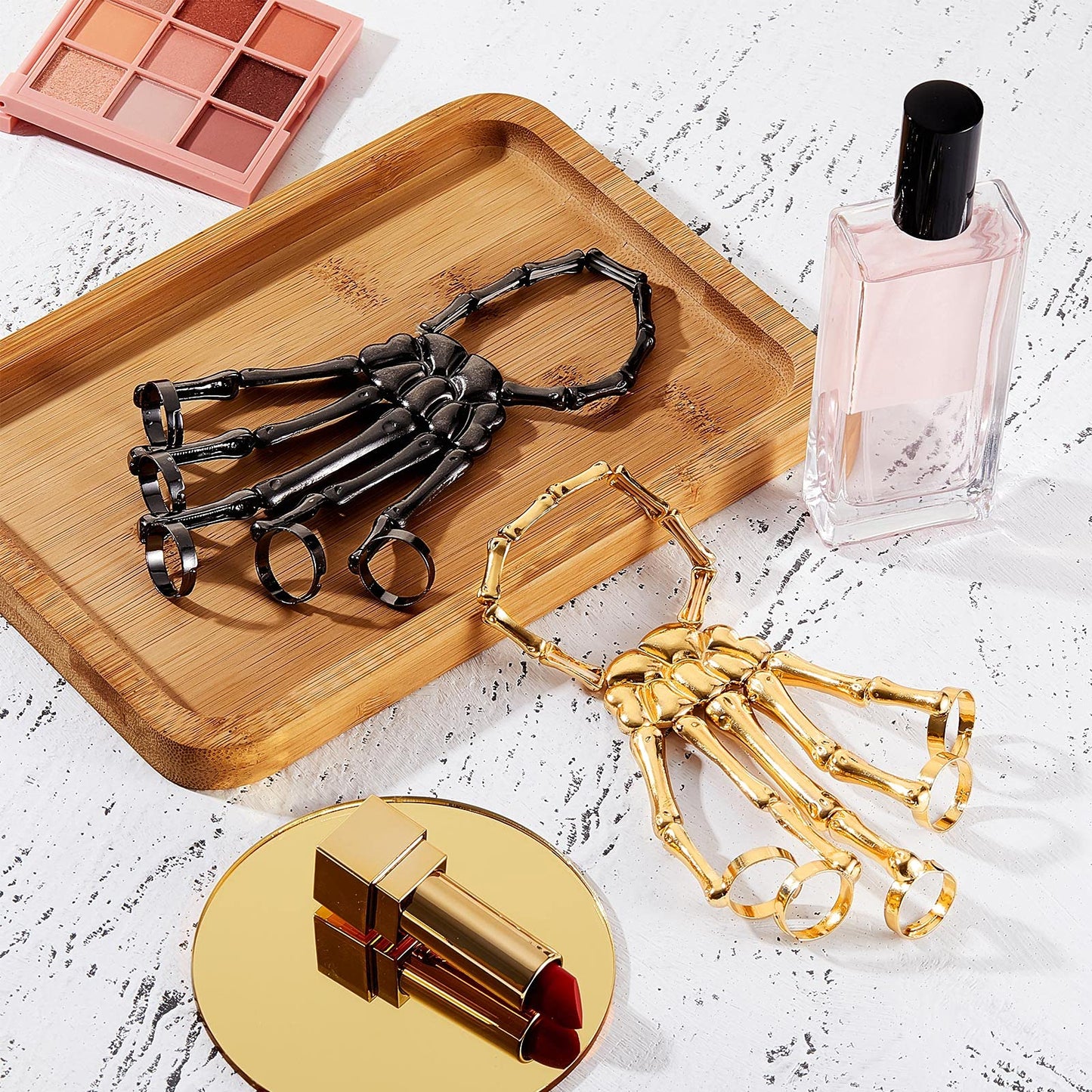 Hicarer 2 Pcs Skeleton Hand Bracelet with Finger Ring Metal Steampunk Skull Gothic Skull Bracelet Adjustable Skeleton Hand Jewelry Finger Wristband for Men Women Halloween Cosplay