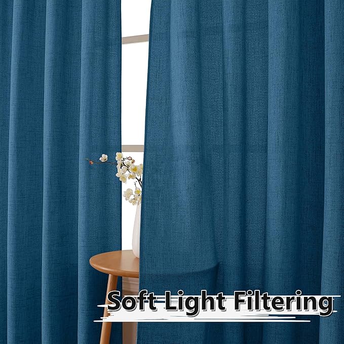 Tollpiz Linen Curtains Living Room Rod Pocket Semi Sheer Curtain Burlap Light Filtering Thick Linen Drapes for Bedroom, 38 x 63 inches Long, Classic Blue, Set of 2 Panels