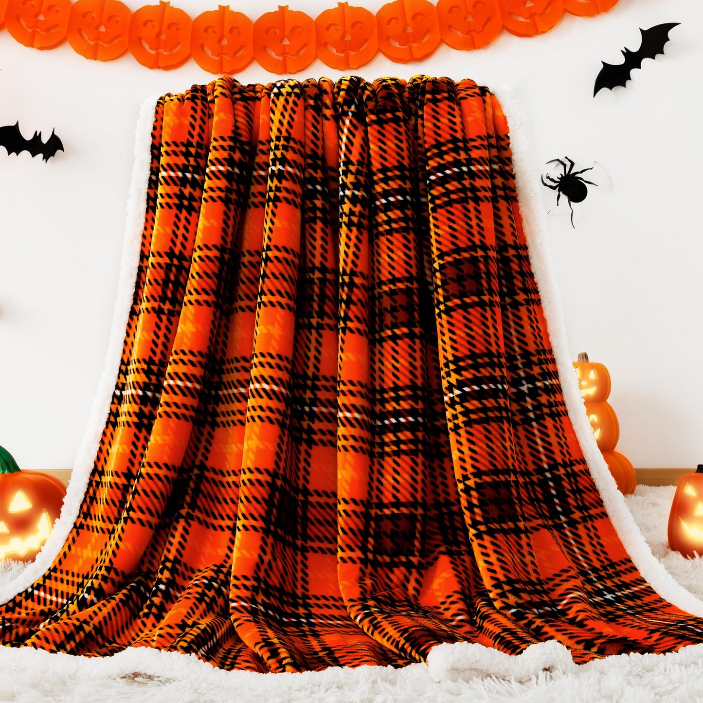 Touchat Sherpa Halloween Plaid Throw Blanket(60" X 70", Plaid Orange), Fuzzy Fluffy Cozy Soft Blanket, Fleece Flannel Plush Twin Size Microfiber Blanket for Couch Bed Sofa
