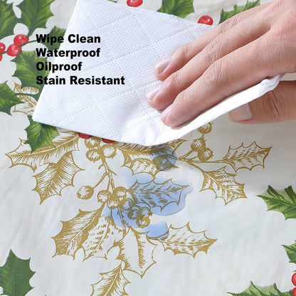 Newbridge Christmas Golden Holly Vinyl Tablecloth with Flannel Backing, Metallic Gold Holly & Berry Print, Wipe Clean Easy Care, 60 x 84 Inch Rectangle