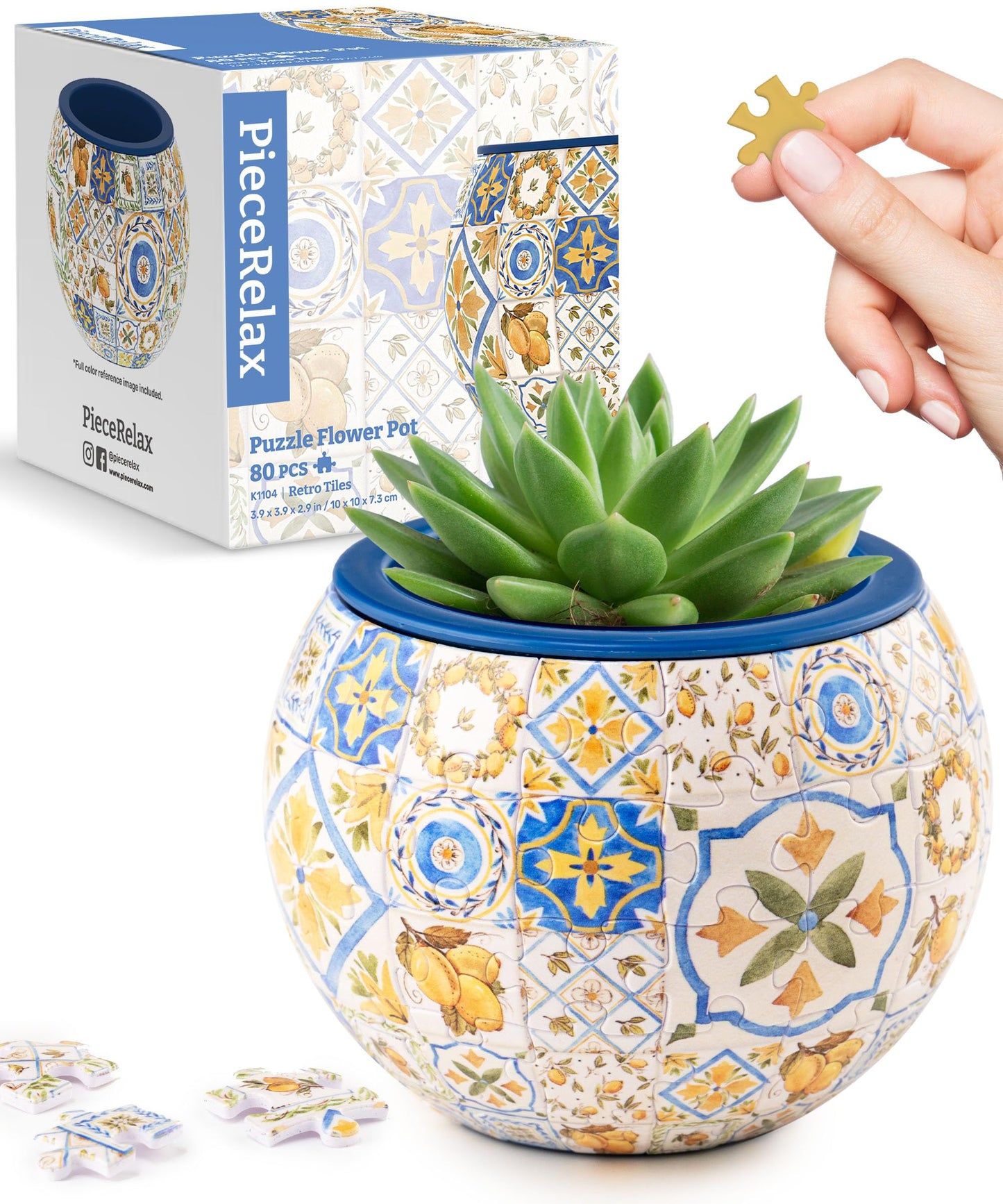 PieceRelax 3D Puzzle Planter - Retro Tiles - Small Round Plant Pots with Drainage, Home Decor Flower Pots for Indoor Cactus, Succulents Pots [K1104]