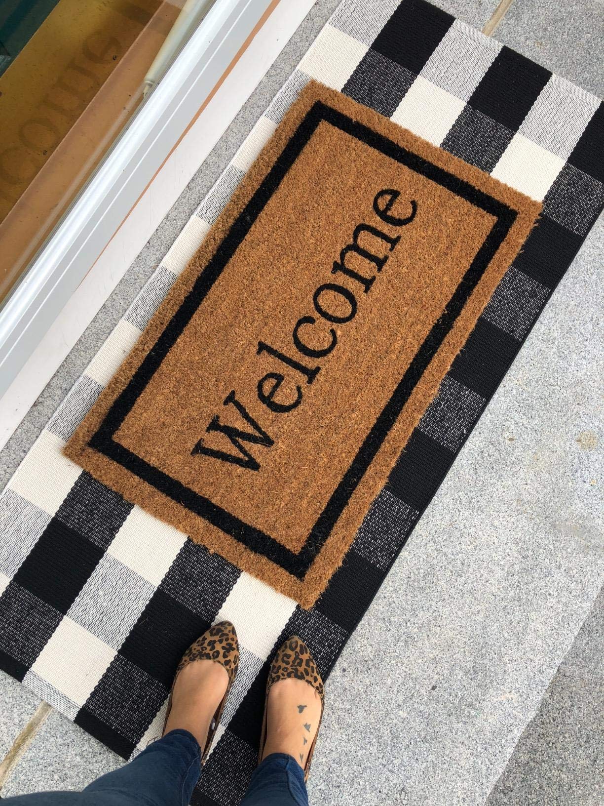 LEVINIS Buffalo Plaid Outdoor Rug - Retro Farmhouse Tartan Checkered Door Mat Black and White Hand-Woven Washable Floor Rugs for Kitchen/Bathroom/Entry Way/Laundry Room, 24'' x 51''