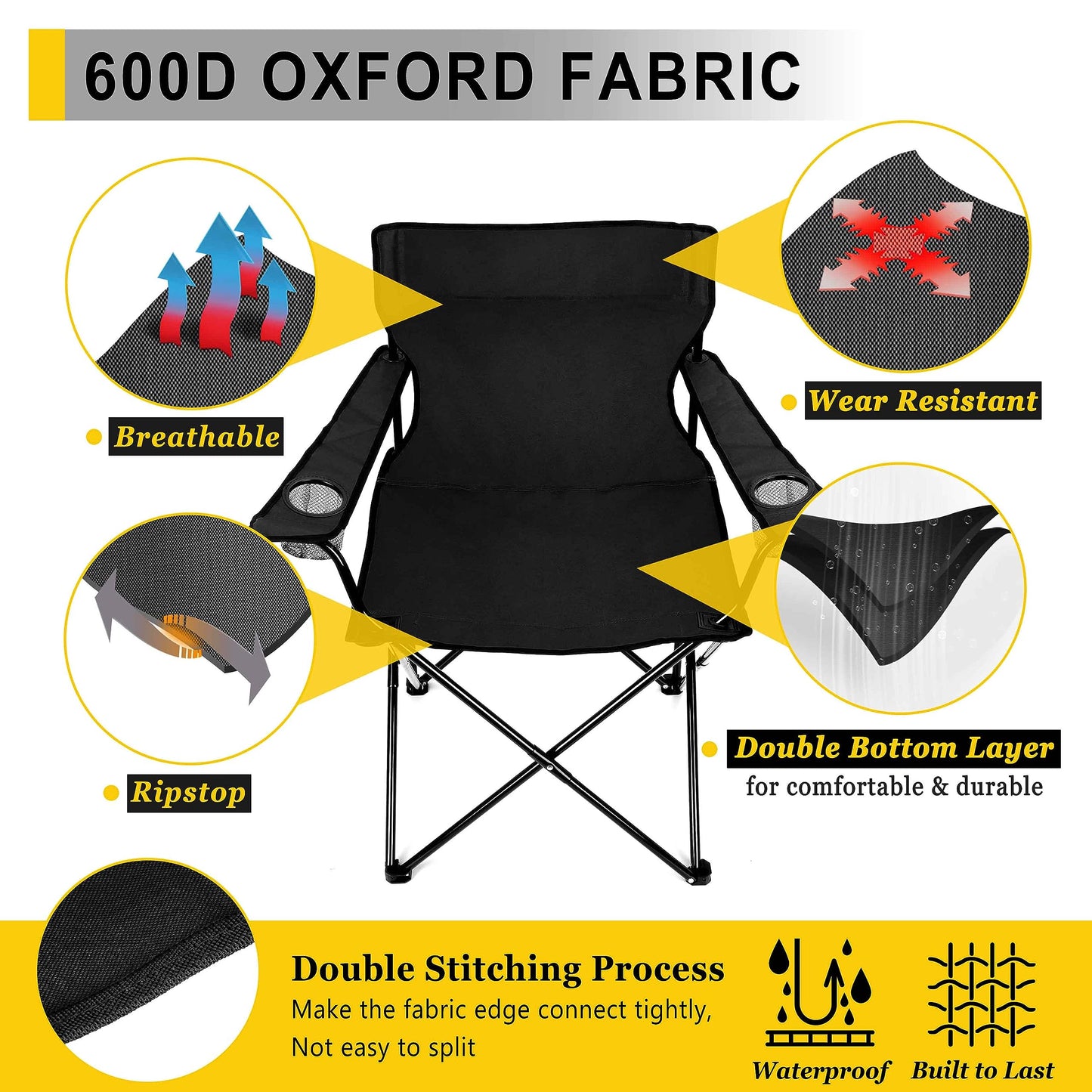 Joyfair Portable Camping Chair, Outdoor Lawn Folding Chairs for Adults, Heavy Duty Large Foldable Chairs for Beach, Fishing, Tailgating and More Outdoor Sport, Carry Bag & Cup Holder (2, Black)