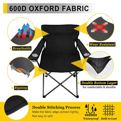 Joyfair Portable Camping Chair, Outdoor Lawn Folding Chairs for Adults, Heavy Duty Large Foldable Chairs for Beach, Fishing, Tailgating and More Outdoor Sport, Carry Bag & Cup Holder (2, Black)