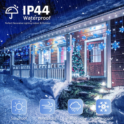 Qunlight Christmas Snowflake Icicle Lights,6.5ft 144LED Curtain Lights with 12 Drops,Timer 8 Modes Connectable,Waterproof Fairy Light for Eaves, Garden, Indoor Outdoor Xmas Decoration (Blue White)