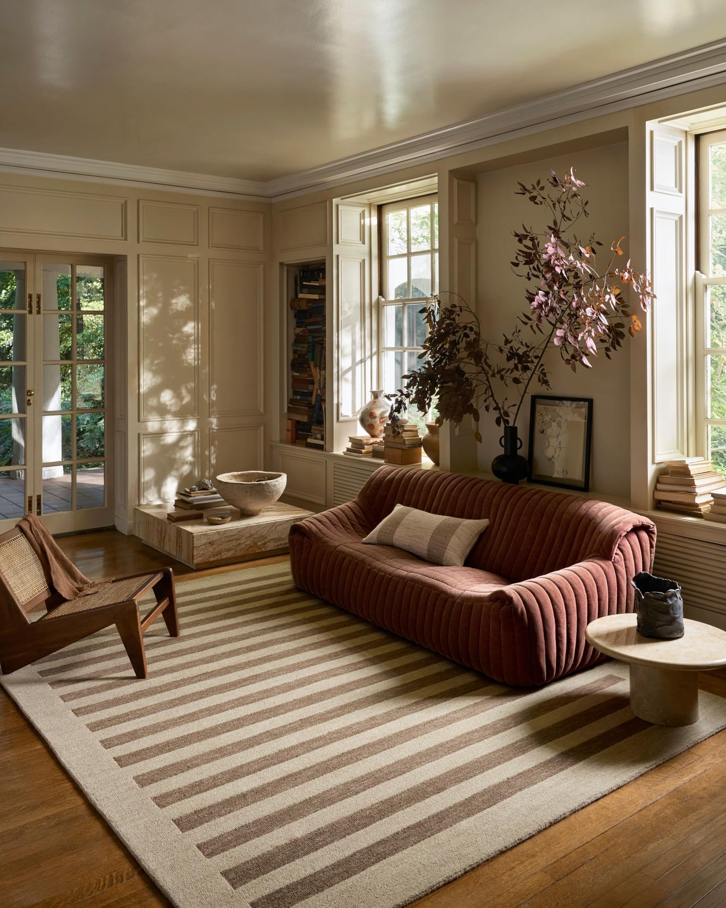 Loloi Leanne Ford Craven Collection CVN-05 Oatmeal/Bark 7'-9" x 9'-9" Area Rug Striped, Patterned, Neutral, Living Room, Bedroom, Dining Room