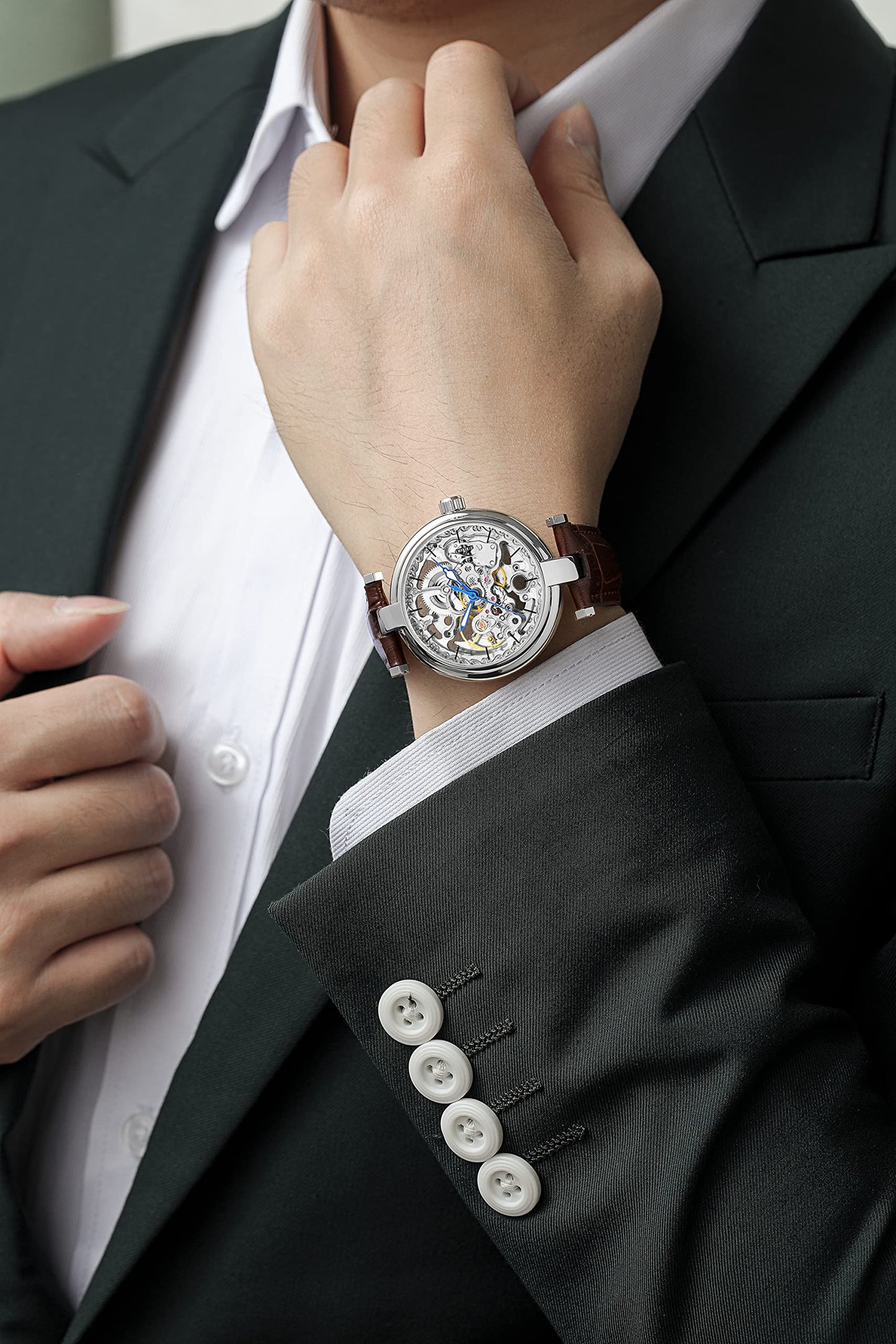 CARLIEN Skeleton Automatic Steampunk Watches Gold-Tone Luminous Hands Leather Strap Wrist-Watch (Gold)