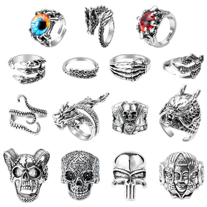 PANTIDE 16Pcs Vintage Silver Punk Rings Set for Men Women, Gothic Alloy Biker Adjustable Rings, Halloween Skeleton Skull Evil Eye Dragon Claw Octopus Dragon Knuckle Stacking Circlet Jewelry