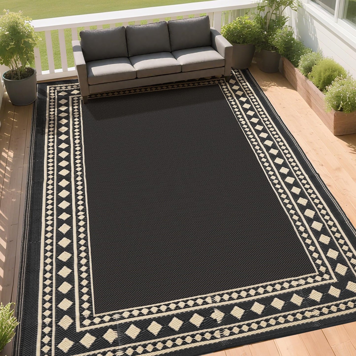 RURALITY Outdoor Rugs 6x9 Waterproof for Patios Clearance,Plastic Straw Mats for Backyard,Porch,Deck,Balcony,Black and Beige