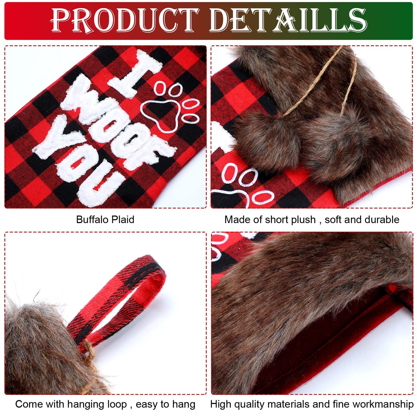 Skylety 2 Pieces Christmas Pet Dog Stocking 20 Inch Buffalo Plaid Christmas Stockings Plush Faux Fur Cuff Christmas Hanging Ornament with Letter and Dog Paw for Xmas Decoration (Black Red,Black White)