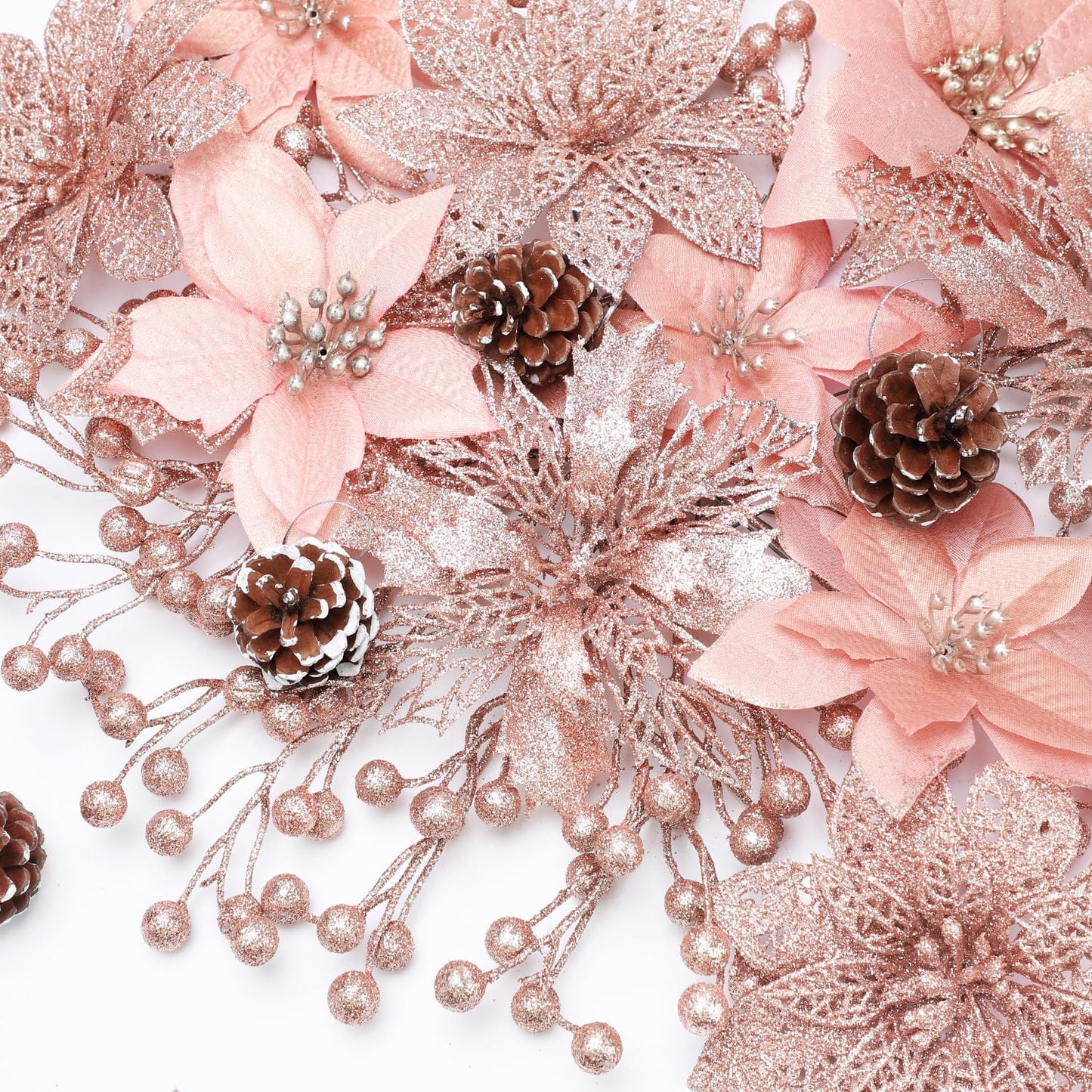 56 Pcs Christmas Decorations, 4 Styles Poinsettias Artificial Christmas Flowers Glitter Berries Stems Ornaments Tree with Pine Cones & Stems for Xmas Wedding DIY Wreath Floral Party (Rose Gold)