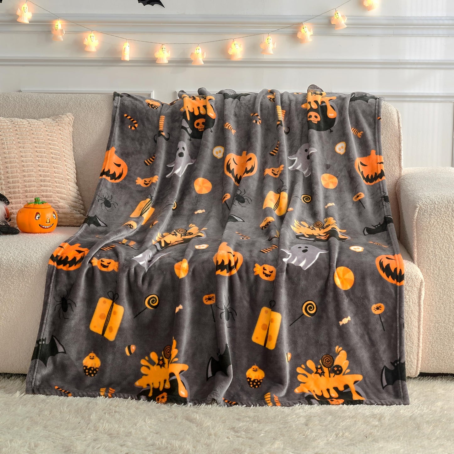 Edenleaf Halloween Blanket with Spooky Pumpkin Bat Ghost Spider Print, Soft Cozy Halloween Throw Blanket for Couch Bed Gifts Home Decoration, Fuzzy Warm Fleece Throws 50"x60" (Grey)