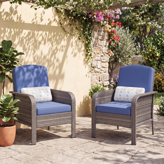 GarveeHome 2-Piece Outdoor Patio Furniture Set, All-Weather Rattan Chairs with Thick Cushions, High Back Wicker Lounge Chairs for Porch, Deck, Garden, Poolside & Backyard (Gray Rattan, Blue Cushion)