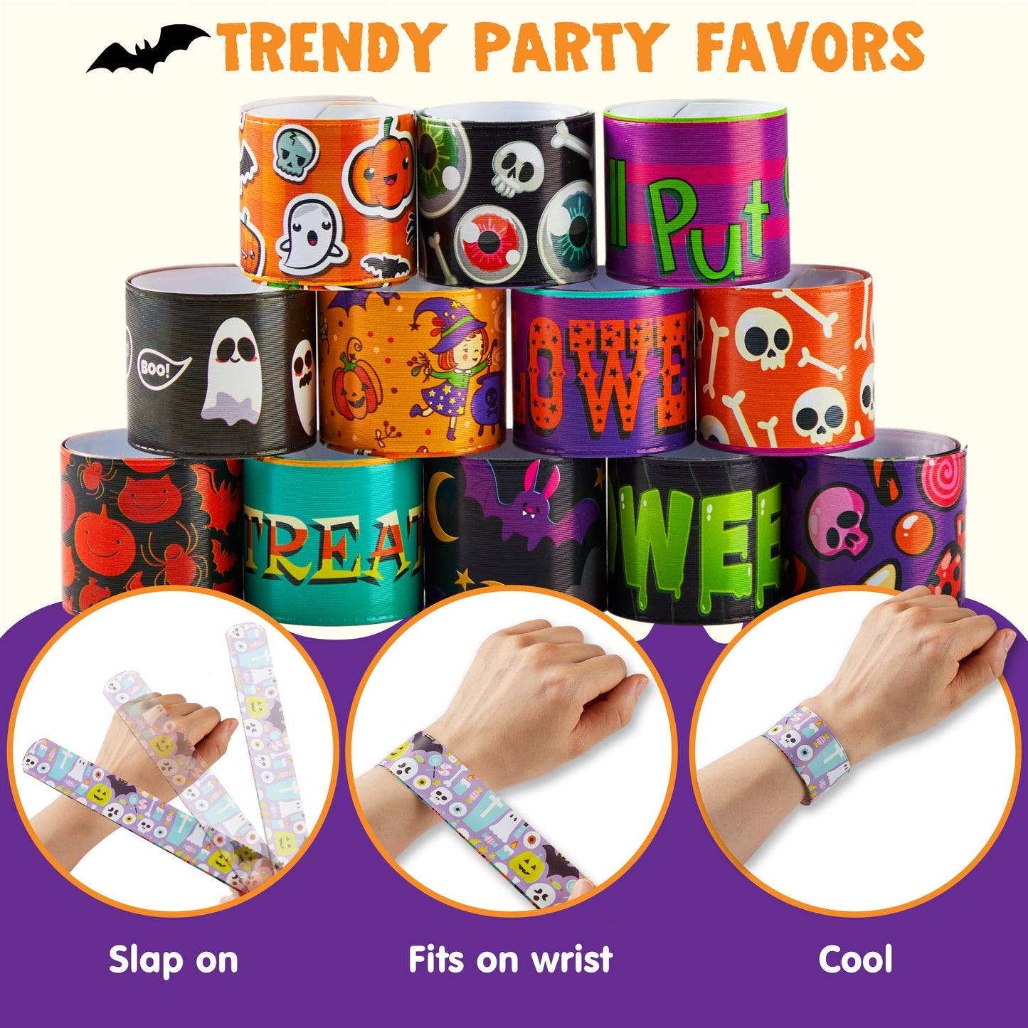 JOYIN 100 PCS Halloween Slap Bracelets for Kids, Halloween Bracelets Bulk for Girls Boys Gifts, Friendship Bracelets Snap Bracelets for Halloween Party Favors Goodie Bag Fillers
