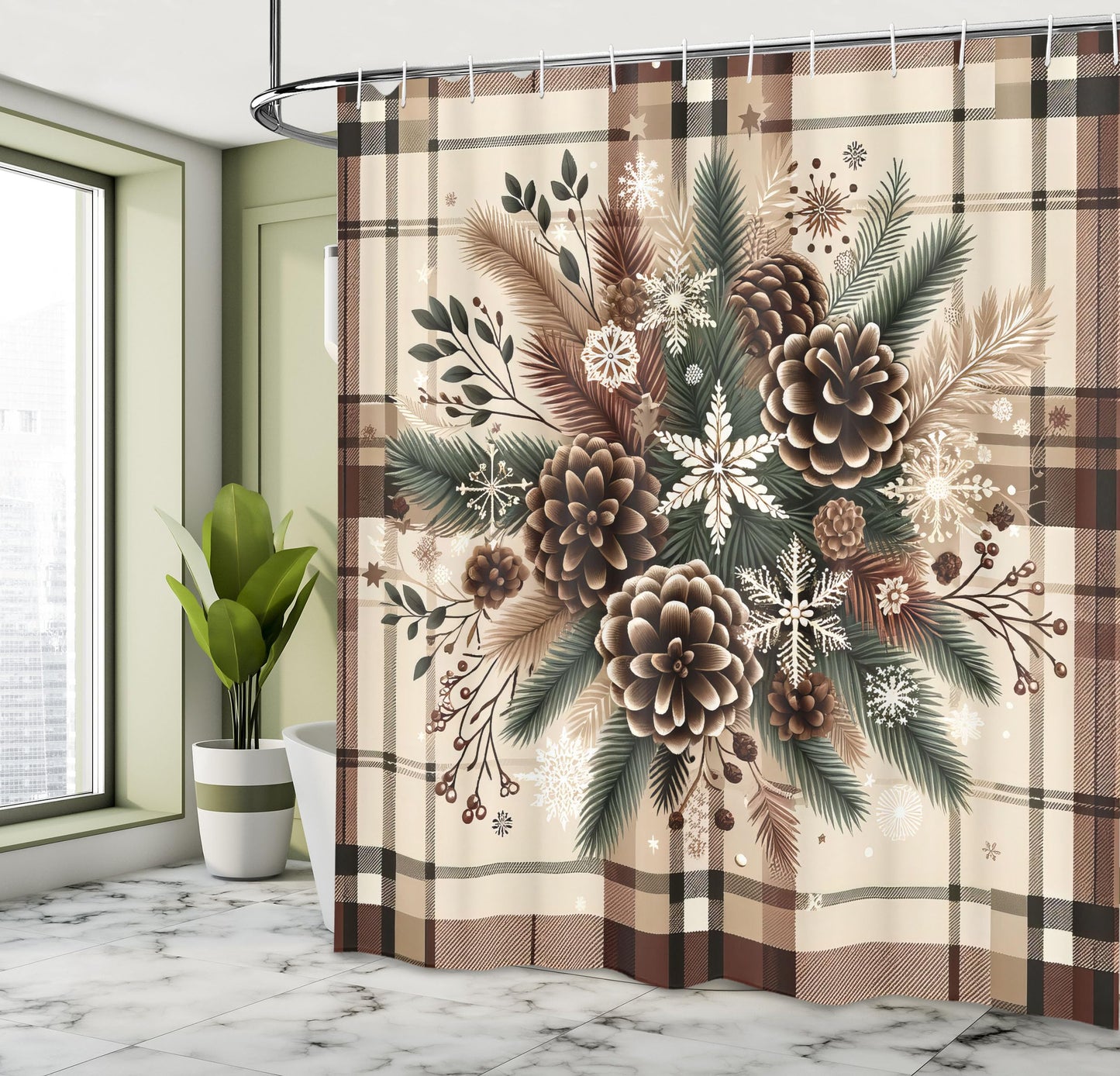Ambesonne Christmas Shower Curtain, Traditional Xmas Pinecone and Leaves Ornate on Plaid Background Print, Cloth Fabric Bathroom Decor Set with Hooks, 69" W x 70" L, Cocoa Brown Sage Green