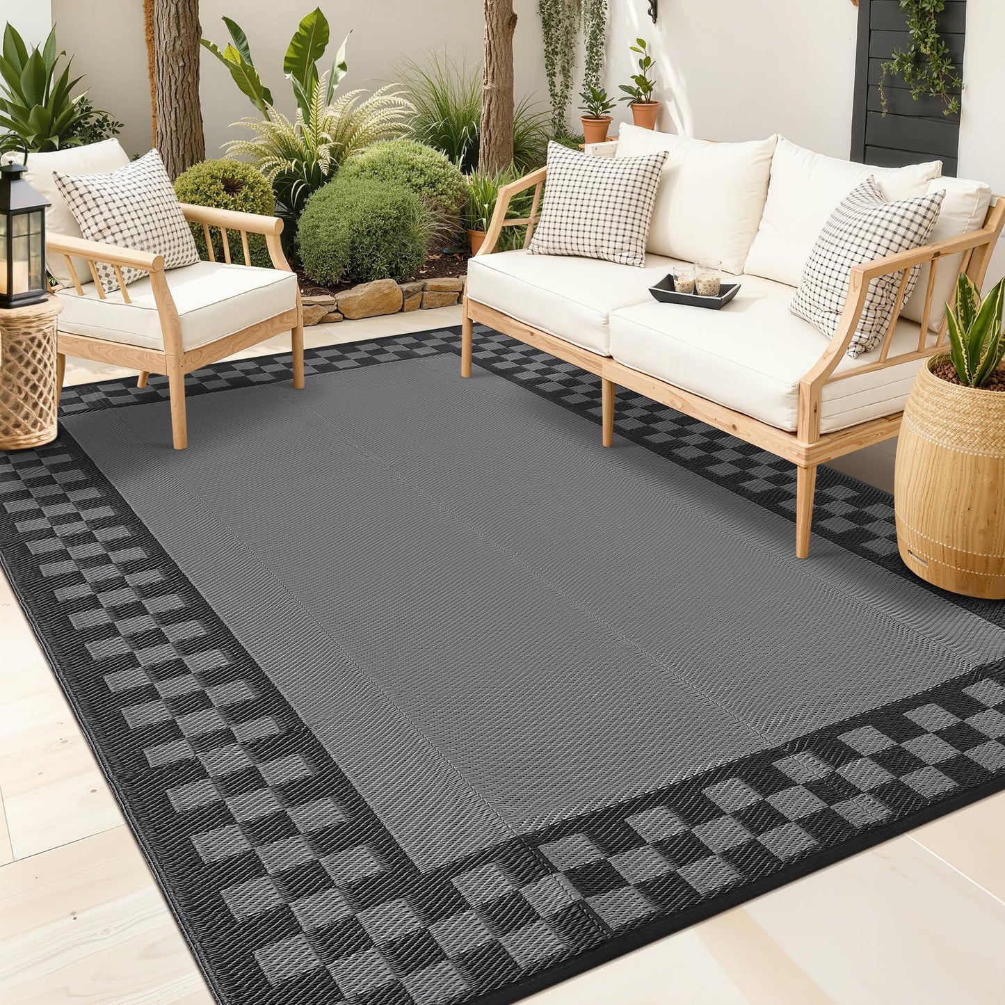 Checkered Outdoor Rug 8x10 Waterproof Modern Bordered Patio Rugs Plastic Straw Rug Large Indoor Outdoor Throw Carpets Reversible Mat for Picnic, Backyard, Rv, Beach, Deck, Camper, Balcony, Grey
