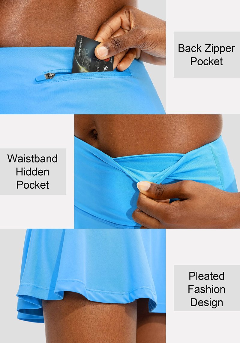 SANTINY Pleated Tennis Skirt for Women with 4 Pockets Women's High Waisted Athletic Golf Skorts Skirts for Running Casual (Light Blue_XXS)