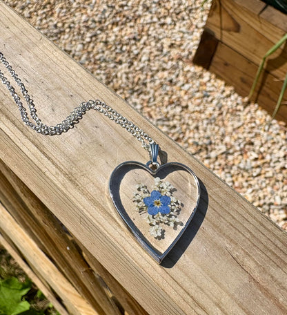 Handmade Forget Me Not and Queen Annes Lace Flower Keepsake Pendant and silver necklace. 13th Lace Anniversary gift (Silver Heart Forget Me Not Pendant)