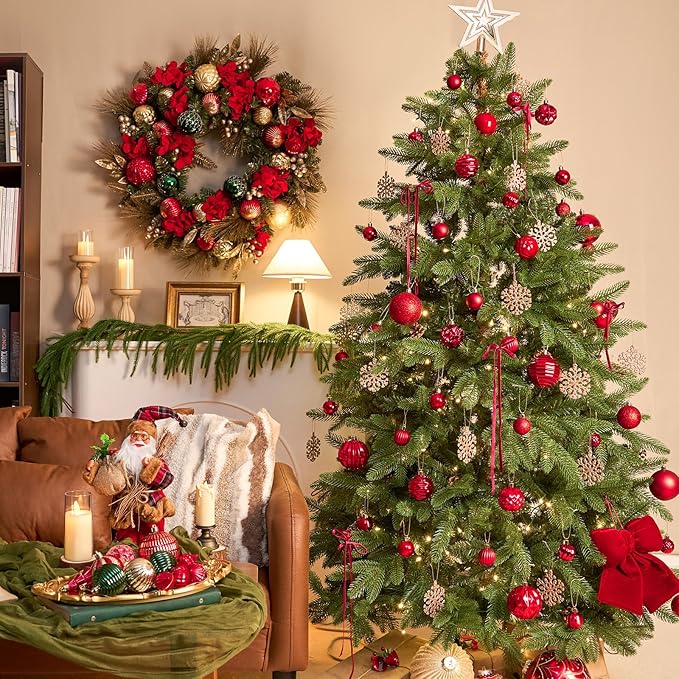 JORNOY Christmas Tree Ornaments Set, 47 Pack Assorted Shatterproof Hanging Balls Decorations, Plastic Bulbs Bulk with Lanyard for Home Holiday Party Decor, 3-Sizes (Red)