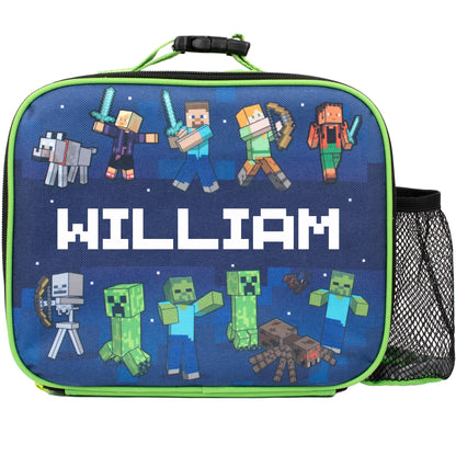 Minecraft - Personalised Kids Lunch Bag - Insulated Kids Snack Bag for Boys and Girls - Name Customisation - Dark Blue