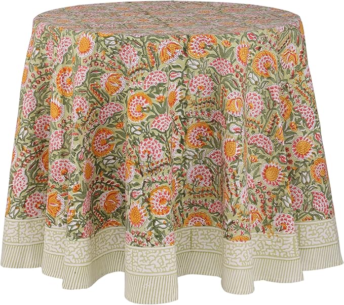 ATOSII Clover Green 100% Cotton Round Tablecloth, Hand Block Print Floral Table Cloth for Kitchen Dining Linen I Parties, Weddings, Outdoors, Holidays, Easter I Spring Home Decor 72" Inches Round